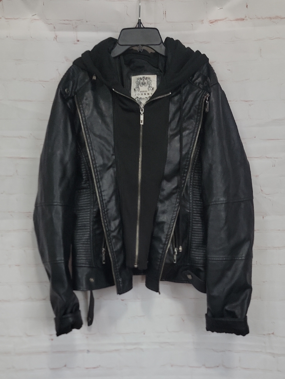 By Johnny Black Faux Leather Hooded Bomber Jacket